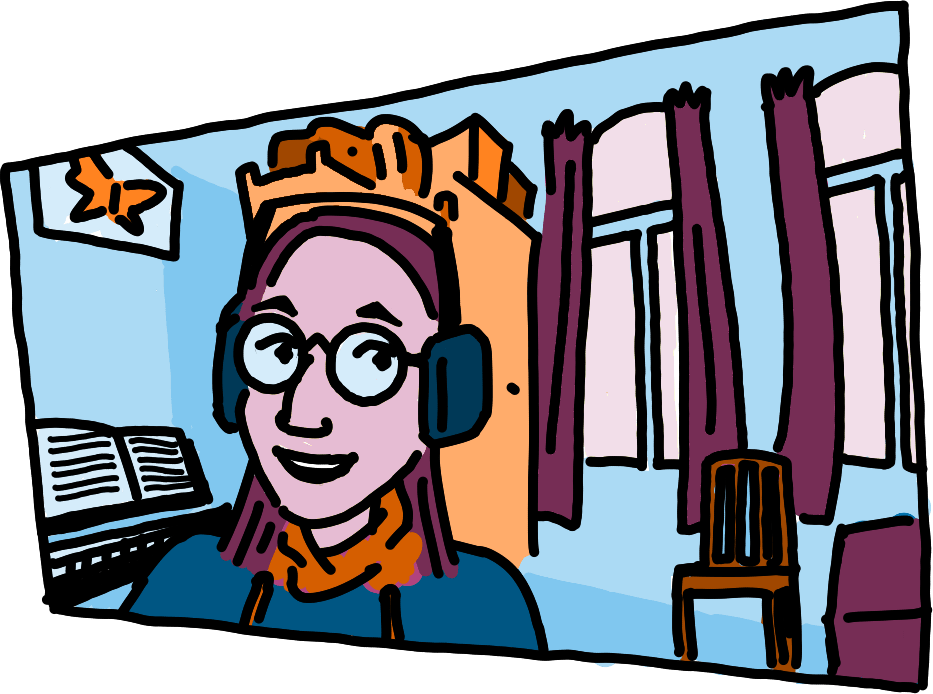 A webcam-angle drawing of Aljoscha in his room, as seen by gwil in their many video chats. Lovely purple curtains and a piano in the background (the sheet music is Bach, but you cannot tell from the drawing), big glasses and a big smile on his face.