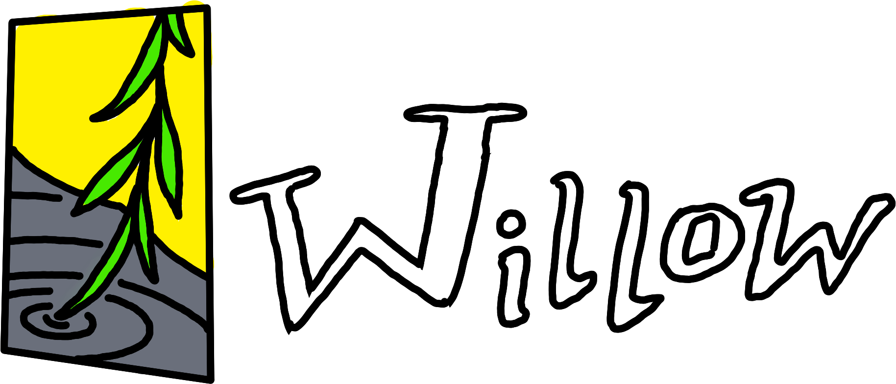 A Willow emblem: a stylised drawing of a Willow’s branch tipping into a water surface, next to a hand-lettered display of the word "Willow".